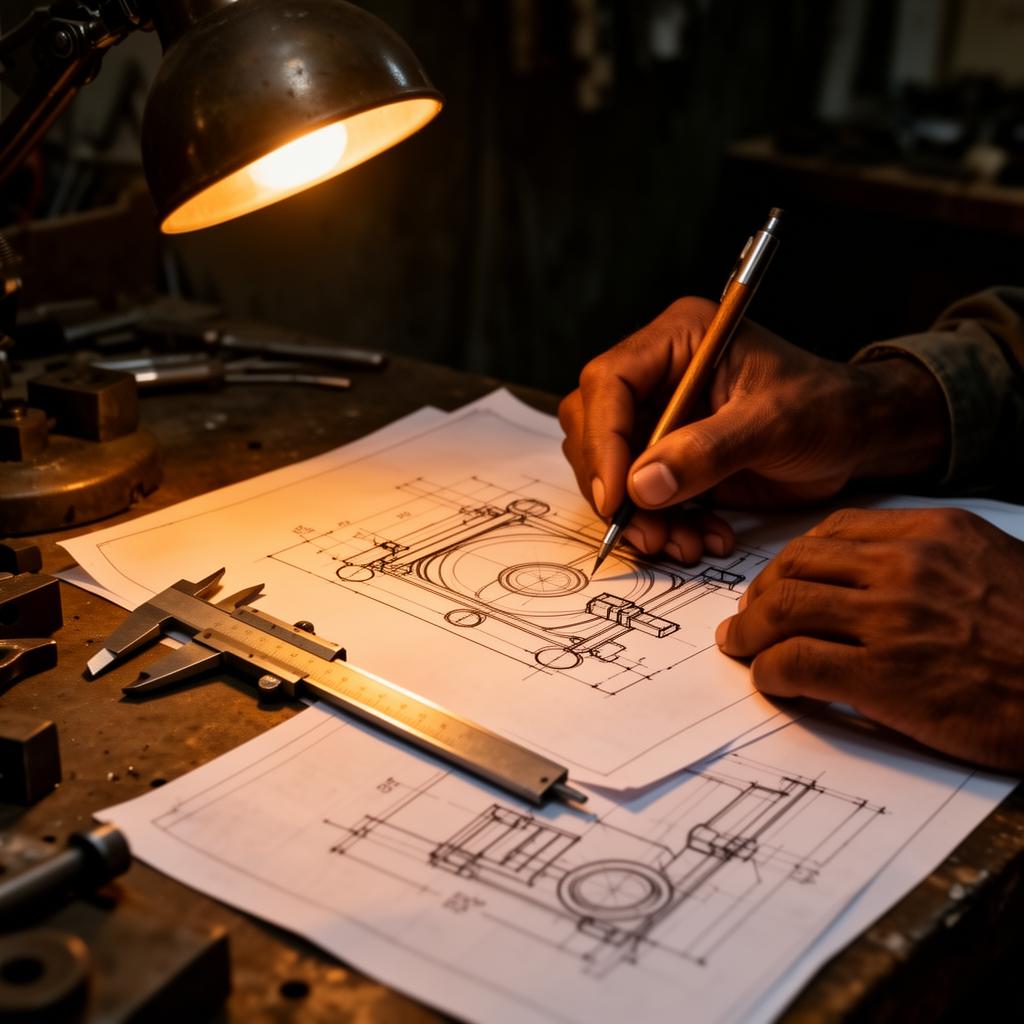 Engineer sketching a machine blueprint