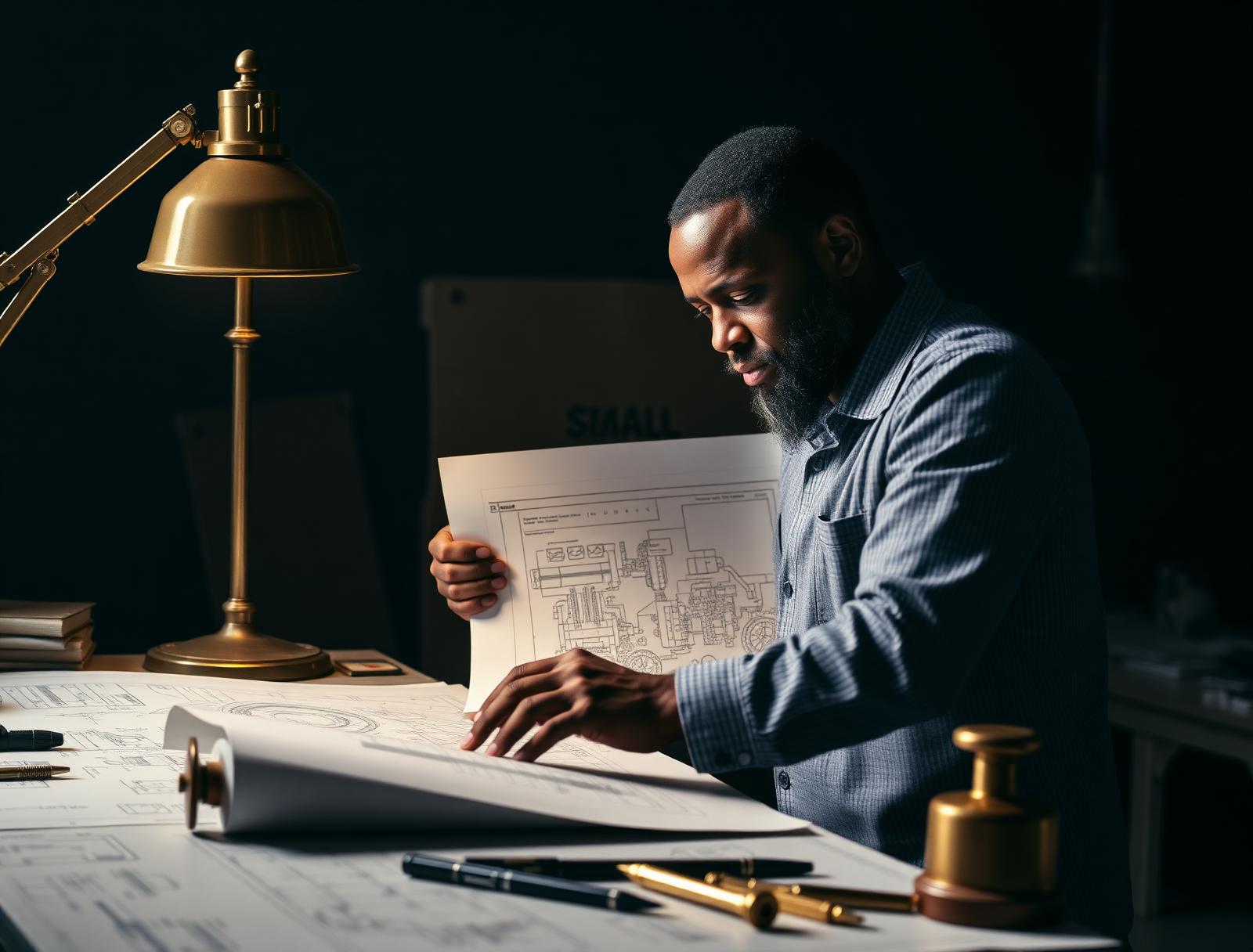 Engineer reviewing detailed mechanical blueprints